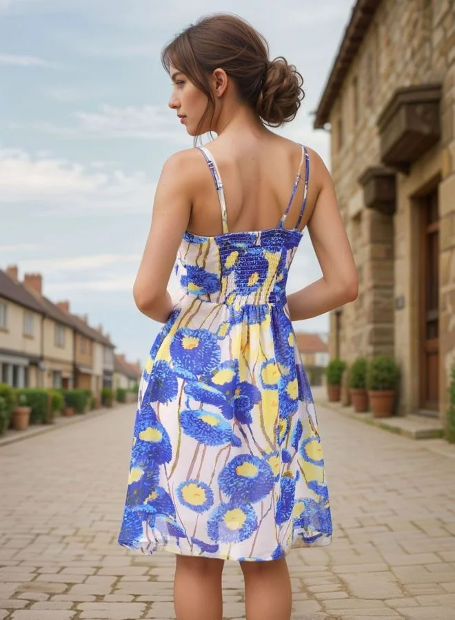 Freehand  Women Fit and Flared Floral Printed V-Neck Sleeveless Ruffle Dress for Women | Best Price UAE