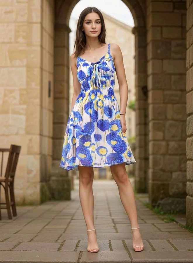 Freehand  Women Fit and Flared Floral Printed V-Neck Sleeveless Ruffle Dress for Women | Best Price UAE