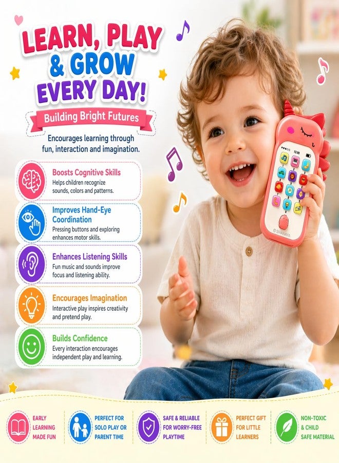 SHANAYA Unicorn Style Pretend Play Cell Phone Toy for Kids, Toddlers with Music, Ringtones, Lights - Birthday Party Favors and Gifts for Girls (Pink) - Image 3