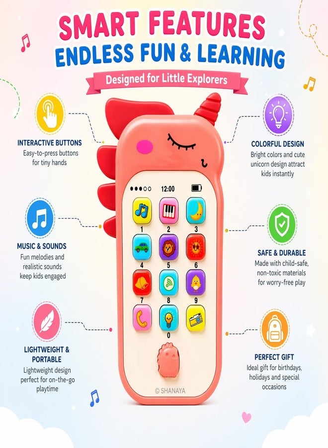 SHANAYA Unicorn Style Pretend Play Cell Phone Toy for Kids, Toddlers with Music, Ringtones, Lights - Birthday Party Favors and Gifts for Girls (Pink) - Image 2