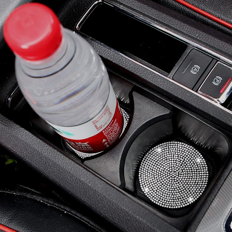 ACODABLEM 2 Pack Bling Cup Holder Insert Coasters, 2.75 Inch Soft Crystal Rhinestone Rubber Pad Set Round Auto Drink Coaster Car Interior Accessories (Bling Silver) - Image 3