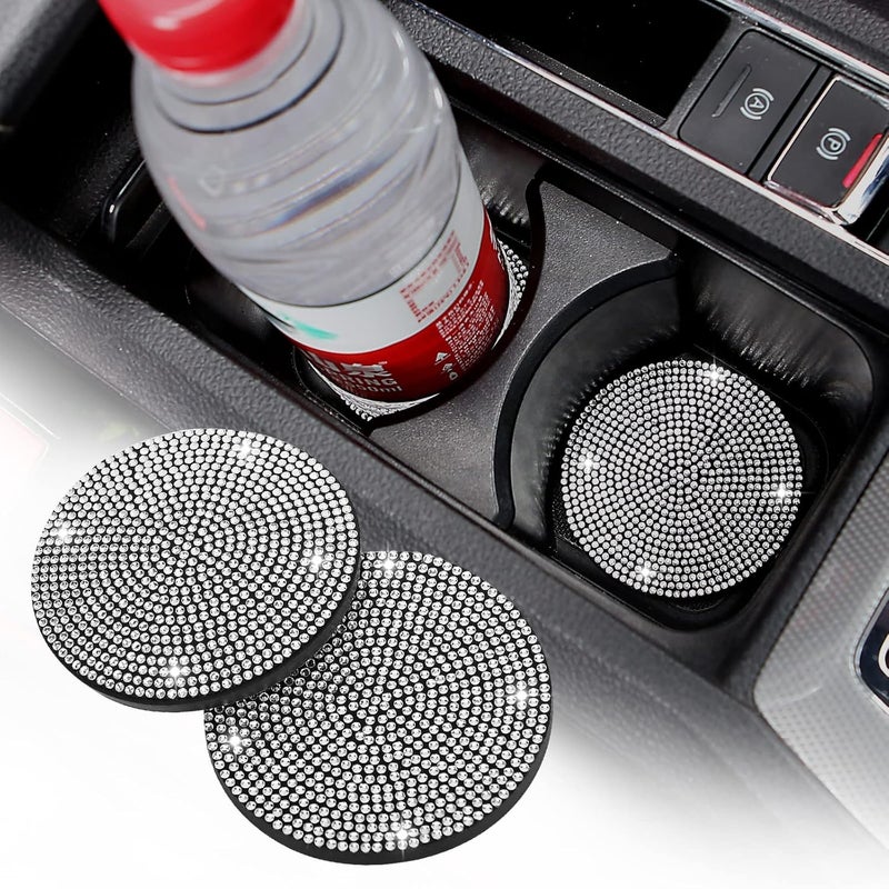 ACODABLEM 2 Pack Bling Cup Holder Insert Coasters, 2.75 Inch Soft Crystal Rhinestone Rubber Pad Set Round Auto Drink Coaster Car Interior Accessories (Bling Silver) - Image 1