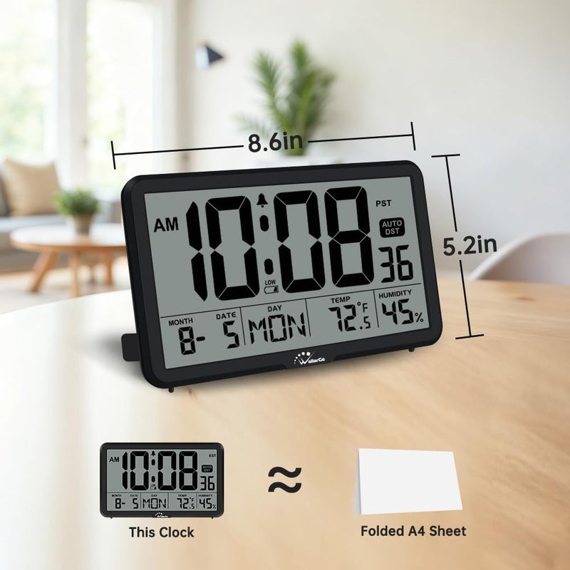 WallarGe Auto Set Digital Wall Clock Battery Operated, Desk Clocks with Temperature, Humidity and Date, Large Display Digital Calendar Alarm Clock for Elderly, Bedroom, Office, 8 Time Zone, Auto DST. - Image 2