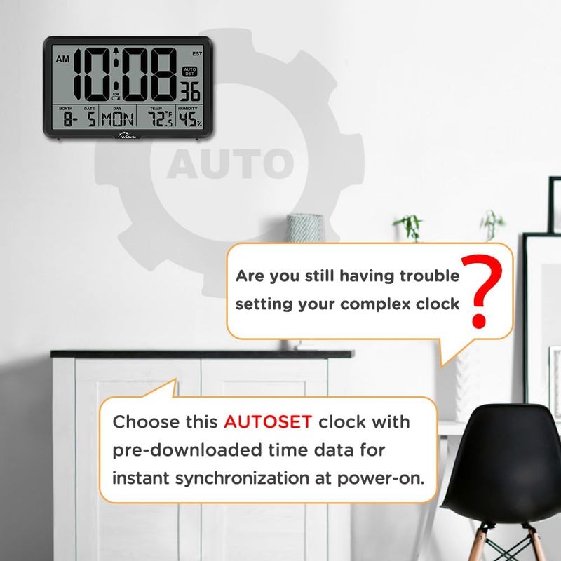 WallarGe Auto Set Digital Wall Clock Battery Operated, Desk Clocks with Temperature, Humidity and Date, Large Display Digital Calendar Alarm Clock for Elderly, Bedroom, Office, 8 Time Zone, Auto DST. - Image 4