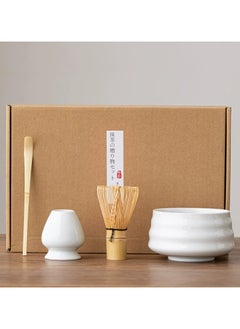 EZGOZ 4-Pieces Traditional Handmade Matcha Tea Whisk and Glass Bowl Tool Gift Kit White  - Image 1