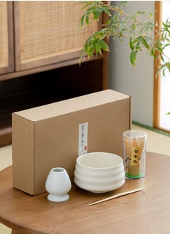 EZGOZ 4-Pieces Traditional Handmade Matcha Tea Whisk and Glass Bowl Tool Gift Kit White  - Image 2