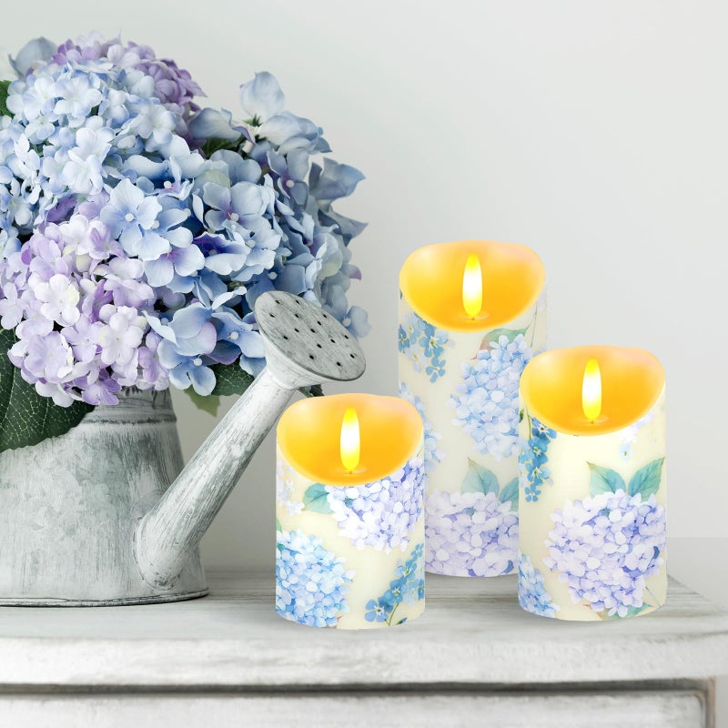 Ouvibor 3 Pcs Hydrangea Flameless Candles Wedding Table Centerpiece Chinoiserie Candles Hydrangea Floral Printed Faux Candles with Remote Timer for Wedding Home Holiday Table Decor - Image 3