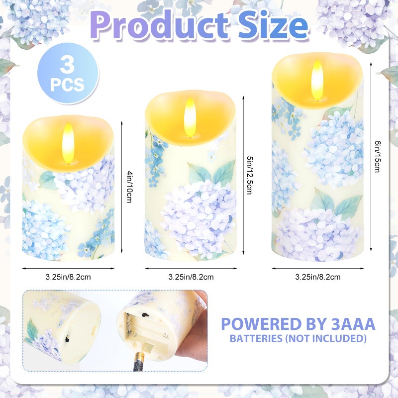 Ouvibor 3 Pcs Hydrangea Flameless Candles Wedding Table Centerpiece Chinoiserie Candles Hydrangea Floral Printed Faux Candles with Remote Timer for Wedding Home Holiday Table Decor - Image 2