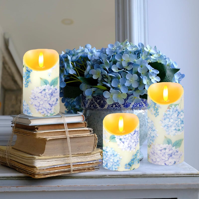 Ouvibor 3 Pcs Hydrangea Flameless Candles Wedding Table Centerpiece Chinoiserie Candles Hydrangea Floral Printed Faux Candles with Remote Timer for Wedding Home Holiday Table Decor - Image 5