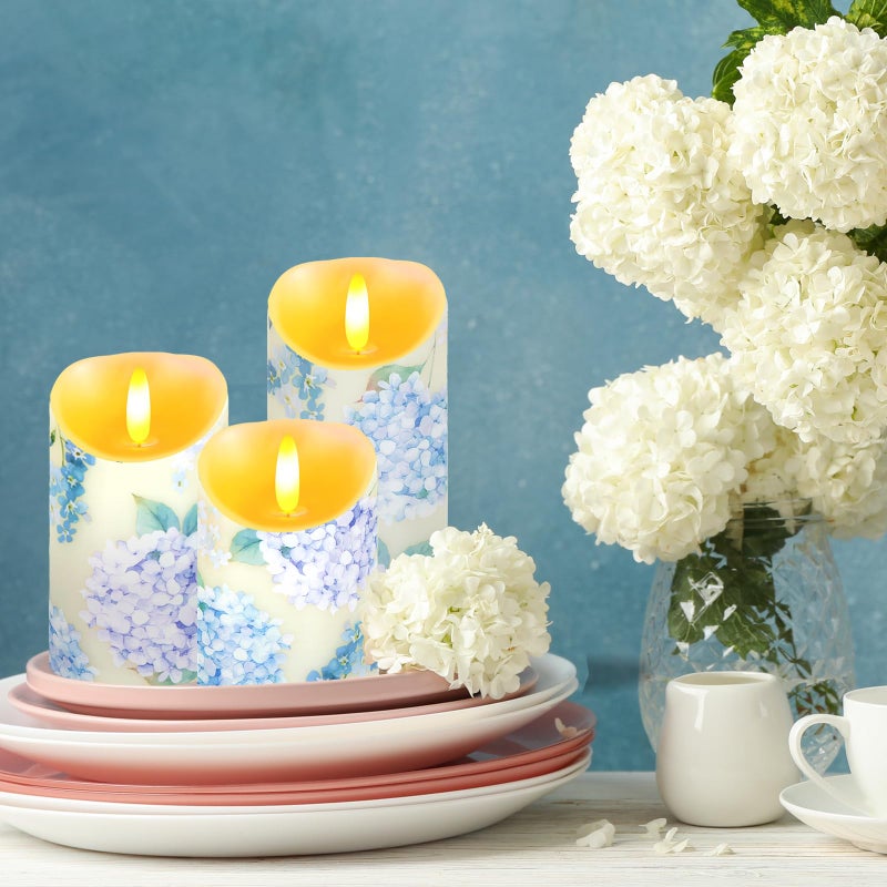Ouvibor 3 Pcs Hydrangea Flameless Candles Wedding Table Centerpiece Chinoiserie Candles Hydrangea Floral Printed Faux Candles with Remote Timer for Wedding Home Holiday Table Decor - Image 4