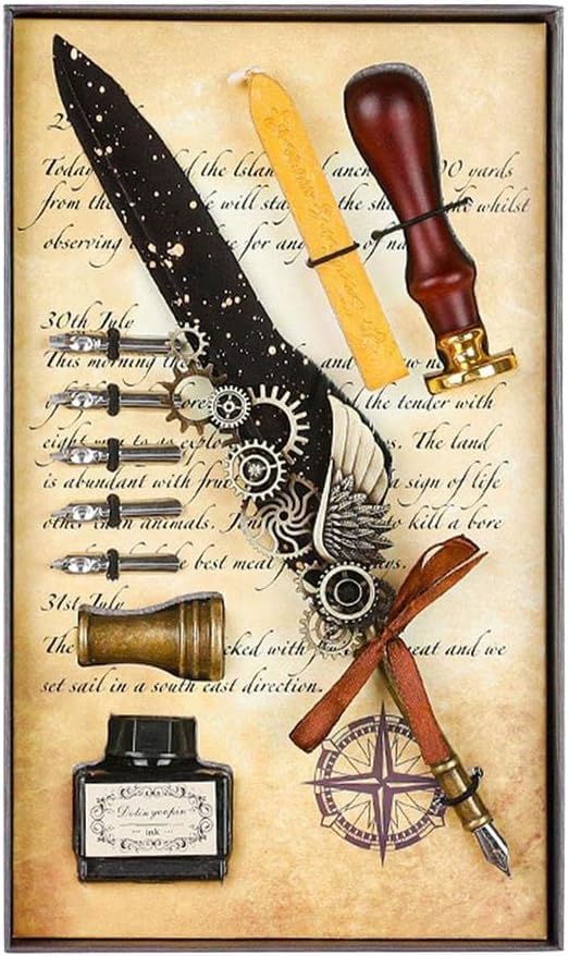 PLUSPOINT Vintage Quill Feather Pen and Ink Set, Elegant Writing Luxury Fountain Calligraphy Ink Pen Set with Wax for Stamp Retro Decor Dip Pen Office Stationery Corporate Gifting for Signature, Black - Image 1
