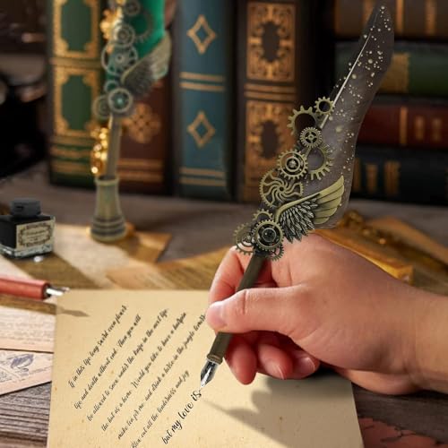 PLUSPOINT Vintage Quill Feather Pen and Ink Set, Elegant Writing Luxury Fountain Calligraphy Ink Pen Set with Wax for Stamp Retro Decor Dip Pen Office Stationery Corporate Gifting for Signature, Black - Image 2