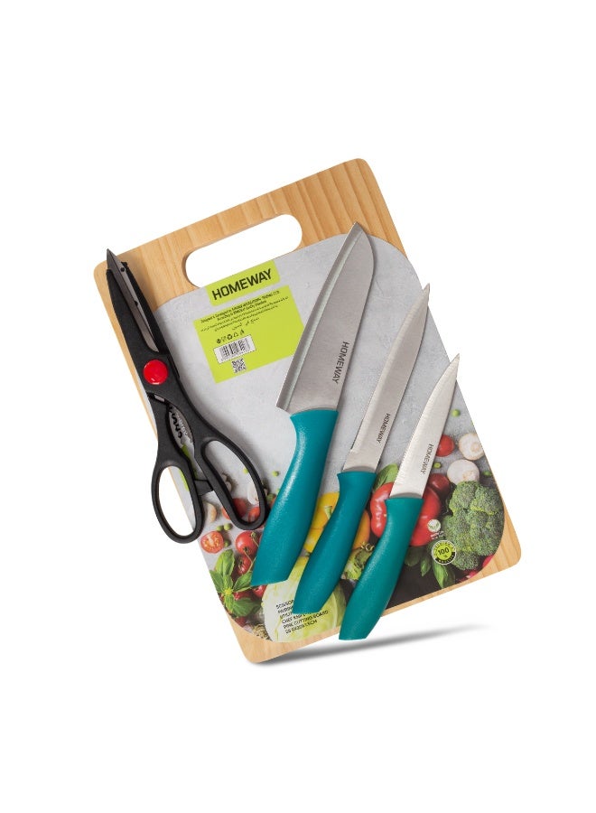 Homeway 5 Piece Kitchen Knife Set with Pine Wood Chopping Board, Chef Knife, Utility Knife, Paring Knife & Kitchen Scissors, HW3851 - Image 1