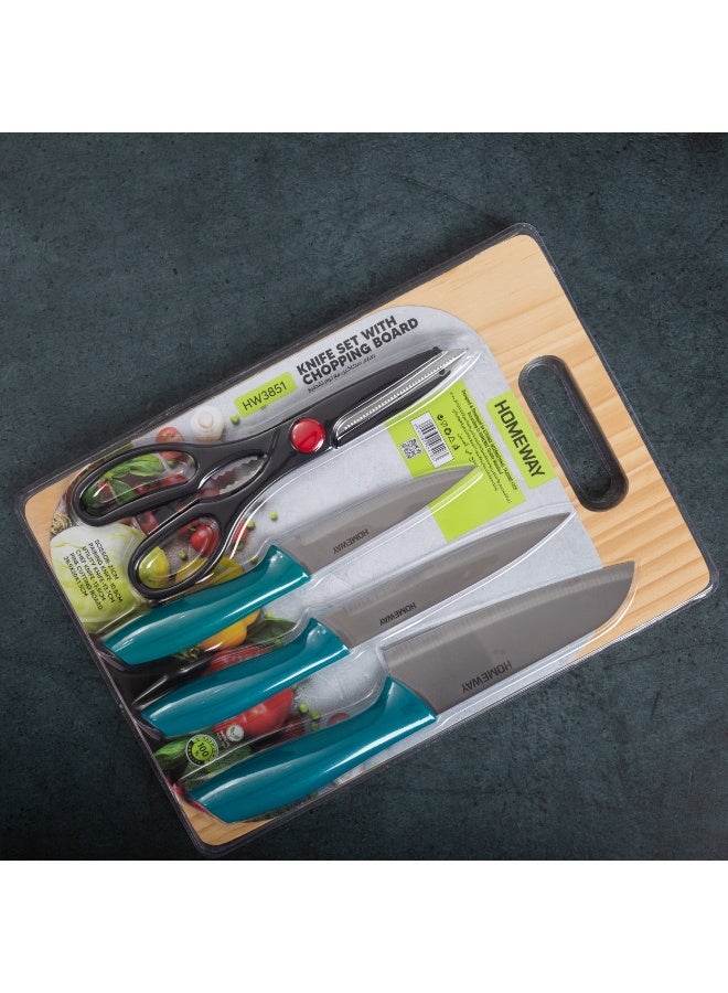 Homeway 5 Piece Kitchen Knife Set with Pine Wood Chopping Board, Chef Knife, Utility Knife, Paring Knife & Kitchen Scissors, HW3851 - Image 3