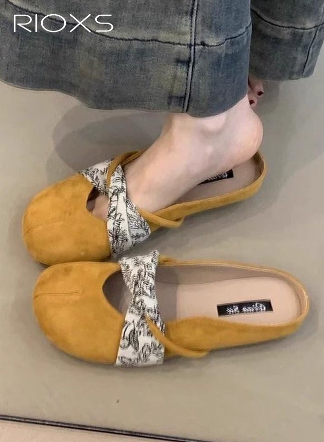 RIOXS Mules for Women, Womens Suede Slip-on Closed Toe Flats Shoes, Comfortable Dressy Round Toe Backless Mule Slides Casual Walking Slip On Work Loafers for Travel Home Commuting, Yellow