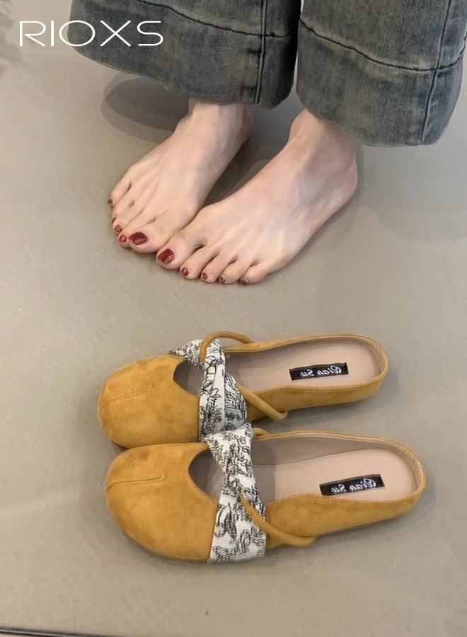 ريوكس أحذية ميول نسائية، أحذية فلات نسائية من جلد سويدي سهلة الارتداء ومغلقة الأصابع، مريحة وأنيقة، بمقدمة مستديرة، بدون ظهر، أحذية مشي كاجوال سهلة الارتداء، مناسبة للسفر والتنقل، باللون الأصفر. - Image 2