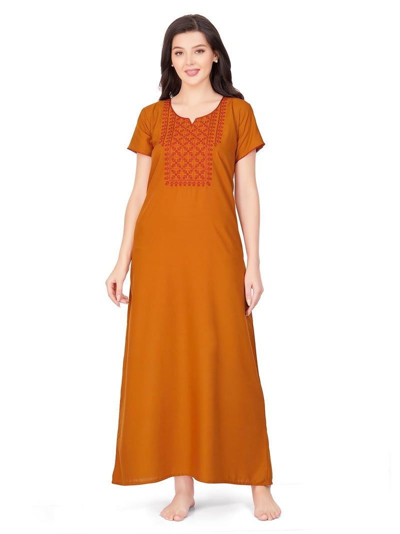 SAND DUNE Cotton Blend Womens Straight Fit V-Neck Short Sleeves Nighty with Functional Pocket Mustard - Image 1