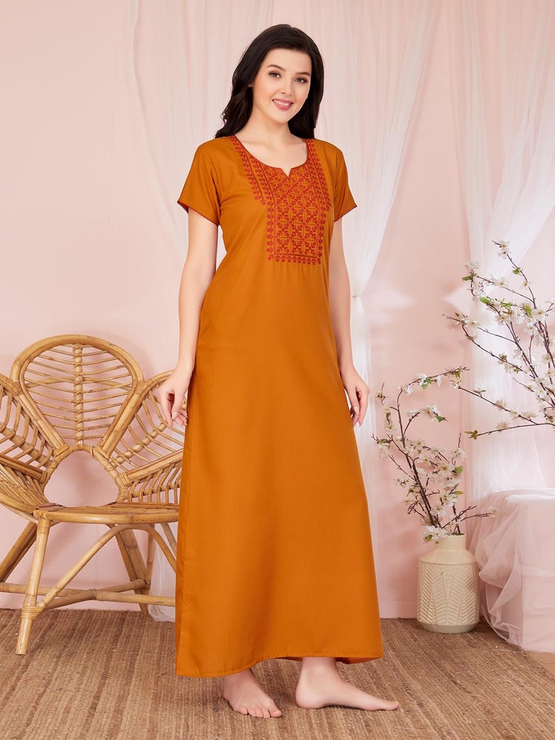 SAND DUNE Cotton Blend Womens Straight Fit V-Neck Short Sleeves Nighty with Functional Pocket Mustard - Image 4