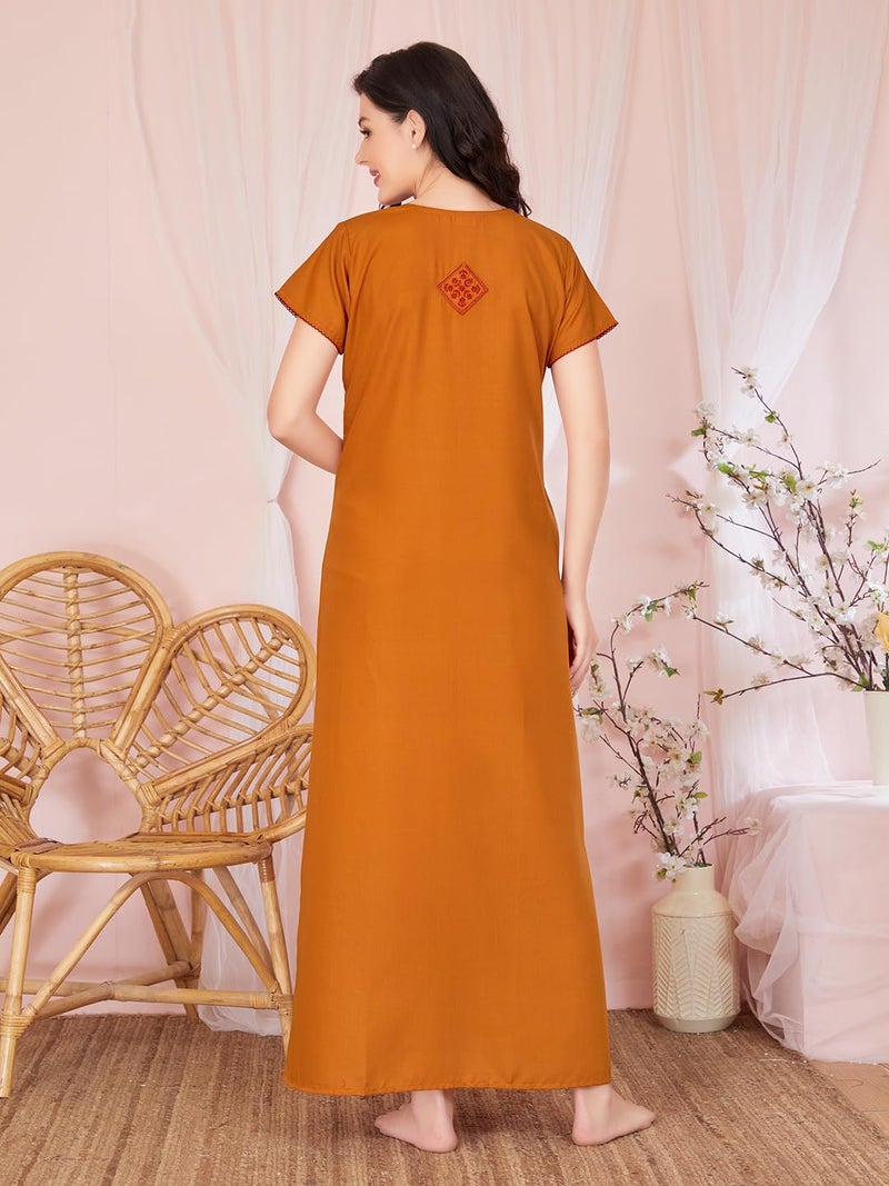 SAND DUNE Cotton Blend Womens Straight Fit V-Neck Short Sleeves Nighty with Functional Pocket Mustard - Image 3