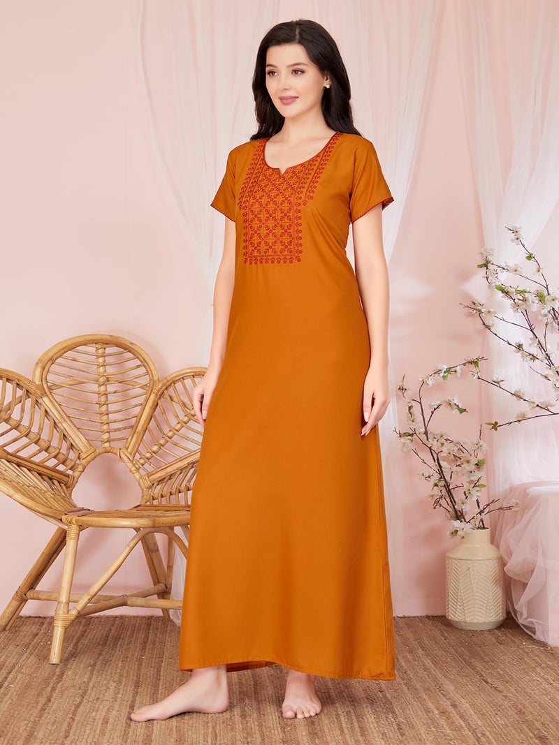 SAND DUNE Cotton Blend Womens Straight Fit V-Neck Short Sleeves Nighty with Functional Pocket Mustard - Image 2