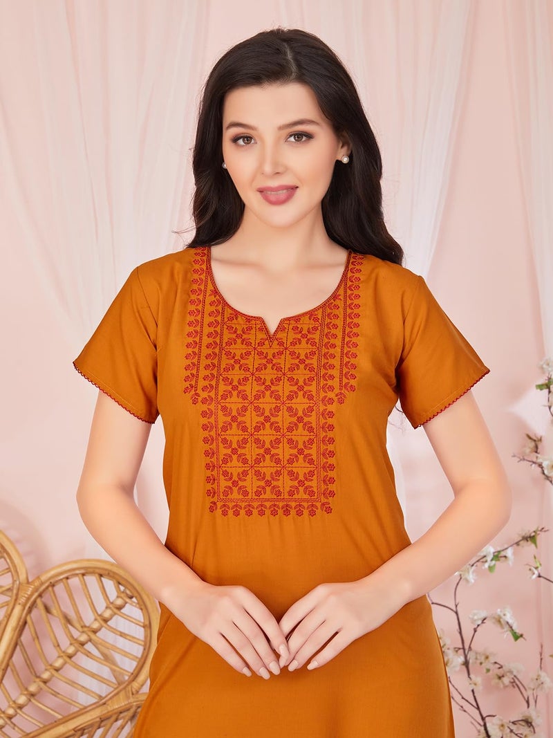 SAND DUNE Cotton Blend Womens Straight Fit V-Neck Short Sleeves Nighty with Functional Pocket Mustard - Image 5