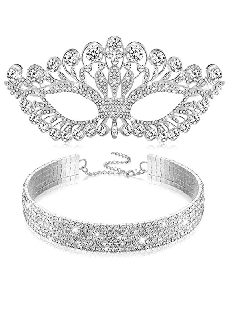 SYOSI Rhinestone Masquerade Mask and Choker Necklace Jewelry Set, Crystal Eye for Women Costume Party（2 Pcs） - Image 1