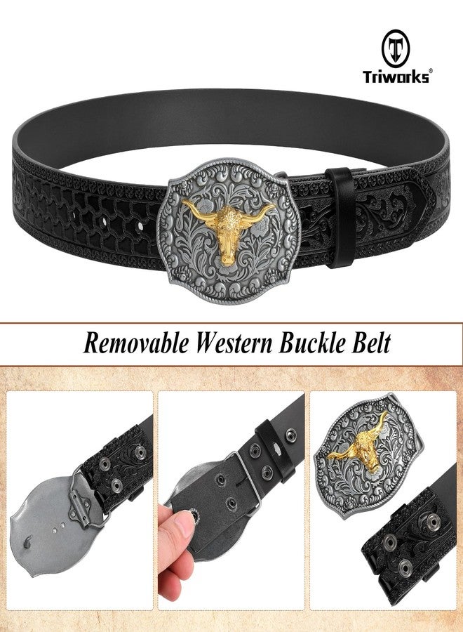 TRIWORKS Western Cowboy Cowgirl Belt for Men Western Buckle Belt 1.5" Wide Floral Engraved Embossed Leather Belt - Image 2