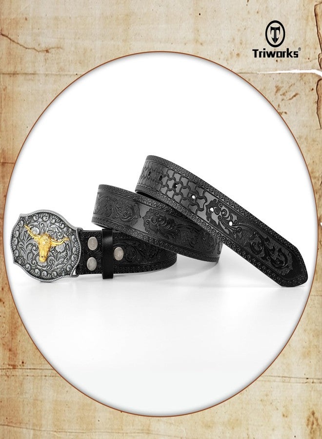 TRIWORKS Western Cowboy Cowgirl Belt for Men Western Buckle Belt 1.5" Wide Floral Engraved Embossed Leather Belt - Image 5