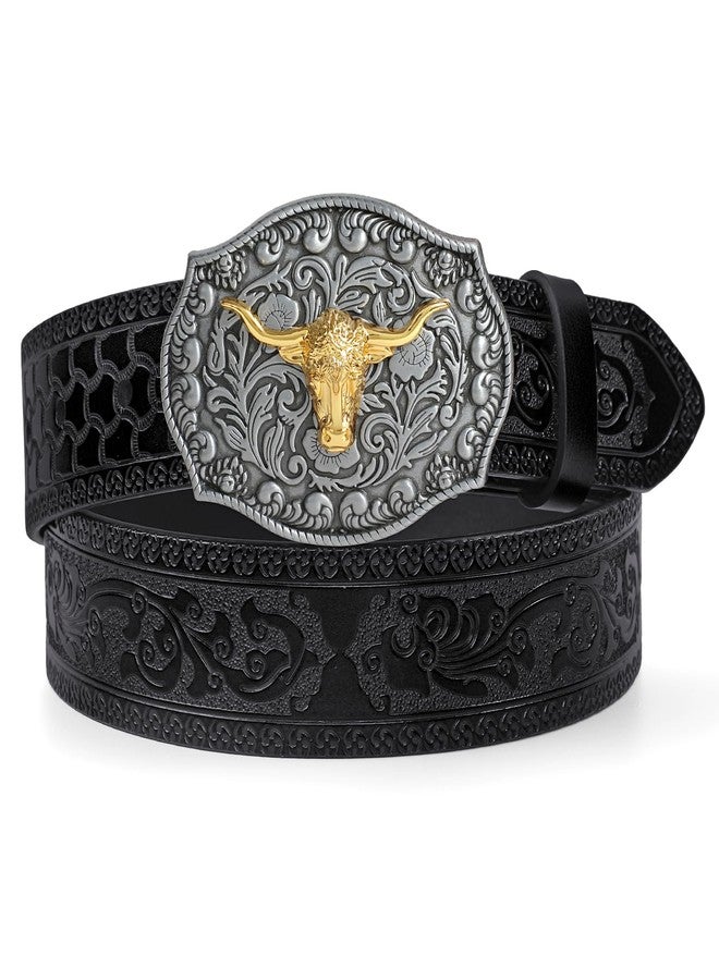 TRIWORKS Western Cowboy Cowgirl Belt for Men Western Buckle Belt 1.5" Wide Floral Engraved Embossed Leather Belt - Image 1