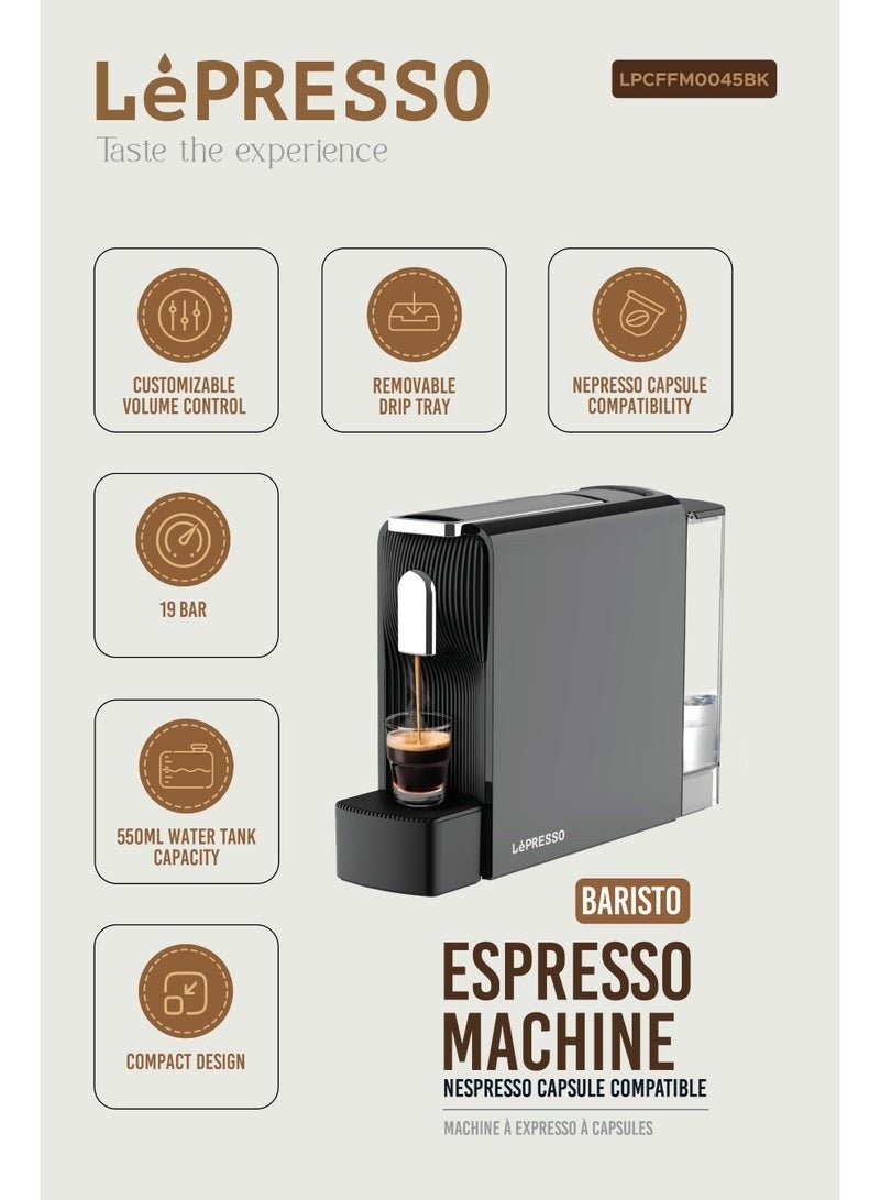 ليبرسو ماكينة صنع قهوة إسبريسو باريستو كبسولات نسبرسو متوافقة مع مضخة إيطالية قوية وتحكم في مستوى الصوت قابل للتخصيص / صينية تنقيط قابلة للإزالة / ضغط مضخة 19 بار / طاقة مقدرة 1200 واط / ماكينة صنع قهوة بالكبسولات / ماكينة قهوة - أسود - Image 2