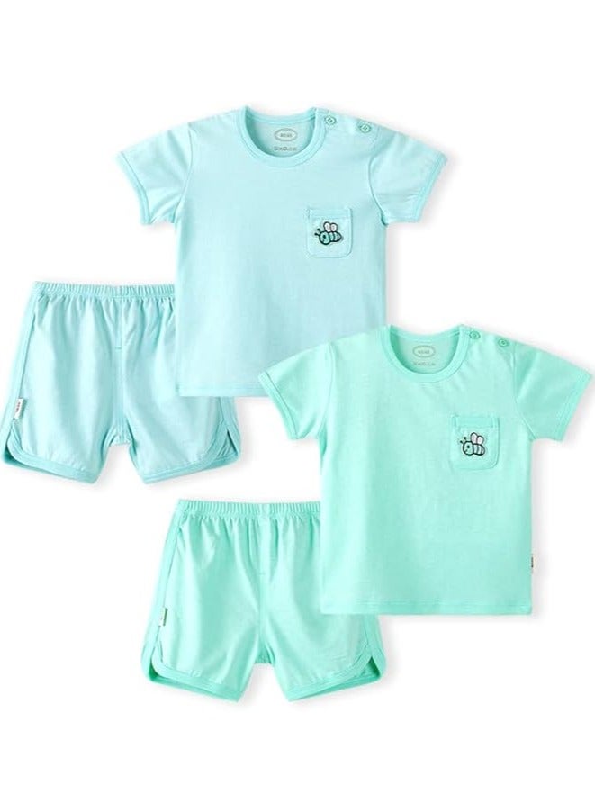 AIWANTO 2 Set Plain With Pocket Bee Design For Kids Baby Boy and Baby Girl Clothes Set Cotton T-Shirt  and Shorts Lake Green & Light Blue (24-36months)