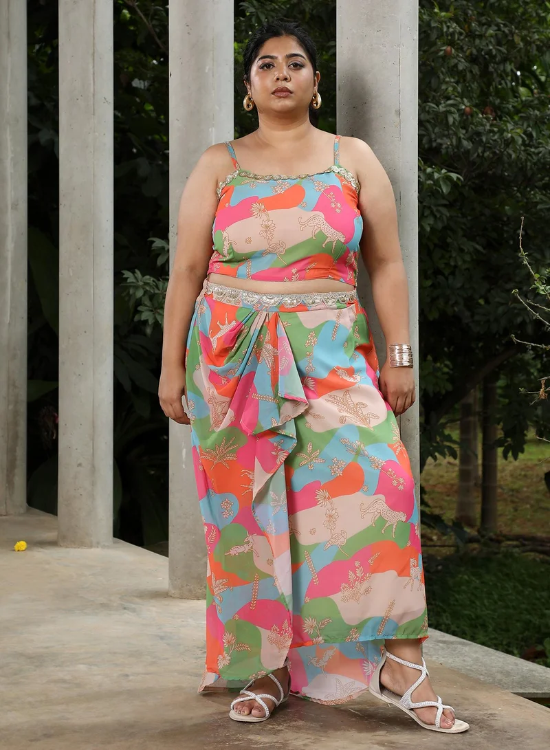Instafab Plus Instafab Plus Women's Bubblegum Pink & Tangerine Orange Bohemian Romance Co-Ord Set For Ethnic Wear | Scoop Neck, Short Batwing Sleeves | Floral Print Plain Fabric | 3 Piece Co-Ords For Evening & Party Wear