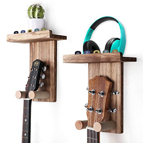 Keebofly 2-Pack Guitar Wall Mount Hanger with Shelf & Pick Holder - Wood Wall Hook for Acoustic, Electric, Bass Guitars, Ukulele (Screw-Mounted, Brown) [Patented] - Image 1