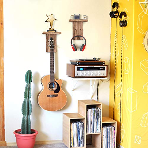 Keebofly 2-Pack Guitar Wall Mount Hanger with Shelf & Pick Holder - Wood Wall Hook for Acoustic, Electric, Bass Guitars, Ukulele (Screw-Mounted, Brown) [Patented] - Image 2