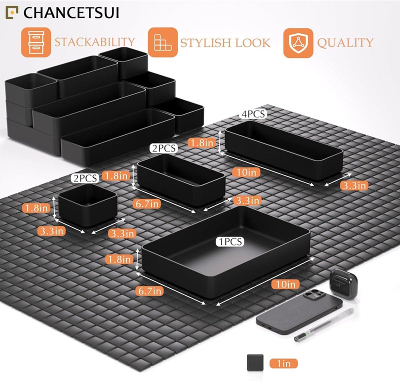 CHANCETSUI 9 Pcs Stackable Drawer Organizer Trays Set, Multifunctional Stackable Storage Trays for Vanity, Bathroom, Kitchen, Desk Drawer Organizer Office. Plastic Drawer Organizers Available In 5 Colours, Black - Image 5