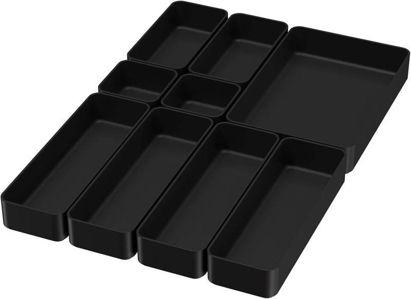 CHANCETSUI 9 Pcs Stackable Drawer Organizer Trays Set, Multifunctional Stackable Storage Trays for Vanity, Bathroom, Kitchen, Desk Drawer Organizer Office. Plastic Drawer Organizers Available In 5 Colours, Black - Image 1
