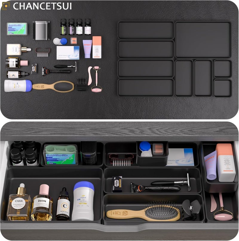 CHANCETSUI 9 Pcs Stackable Drawer Organizer Trays Set, Multifunctional Stackable Storage Trays for Vanity, Bathroom, Kitchen, Desk Drawer Organizer Office. Plastic Drawer Organizers Available In 5 Colours, Black - Image 4