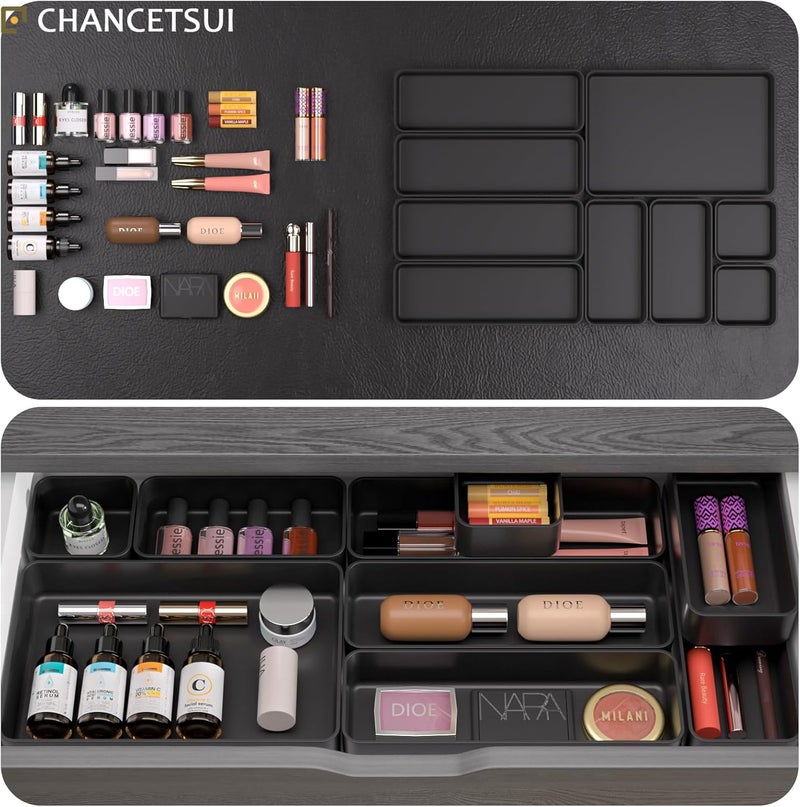 CHANCETSUI 9 Pcs Stackable Drawer Organizer Trays Set, Multifunctional Stackable Storage Trays for Vanity, Bathroom, Kitchen, Desk Drawer Organizer Office. Plastic Drawer Organizers Available In 5 Colours, Black - Image 3