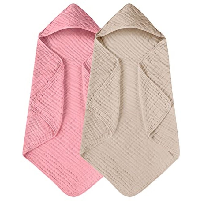 Yoofoss Hooded Baby Bath Towels 2 Pack - 100% Muslin Organic Cotton, Soft & Absorbent for Newborn, Babies, Toddlers, 32x32 Inch, Beige & Coffee
