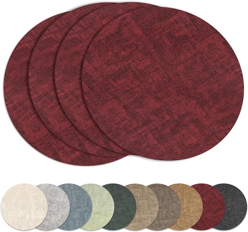 NCUE 13"Round Placemats Set of 4, Reversible Faux Leather Heat Resistant Table Mats, 100% Waterproof Oilproof Wipeable Table Protective Placemats for Vinyl, Washable for Indoor & Outdoor Use (4, burgundy) - Image 1