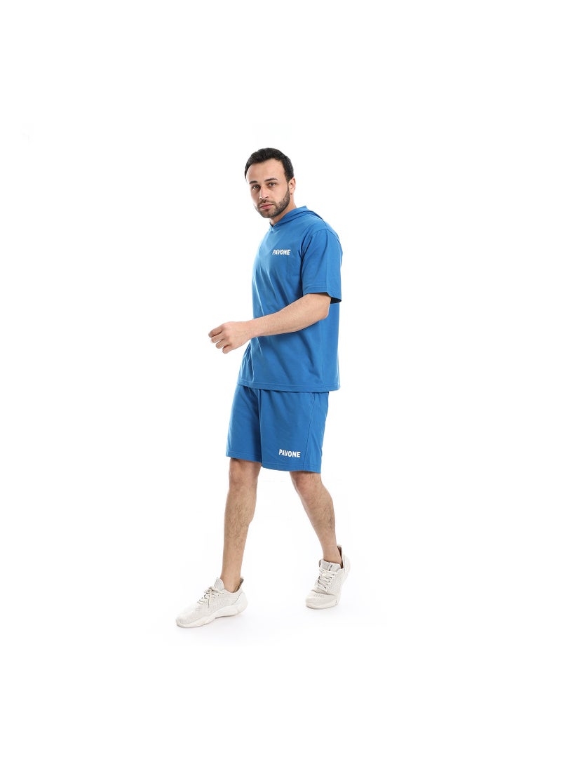 Pavone - Short Sleeves Plain Hooded Shorts Tracksuit - Royal Blue - Image 1