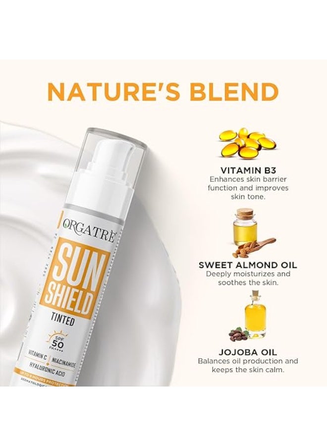 ORGATRE Sun Shield SPF 50 PA++++ Tinted Sunscreen for Women Vitamin C, Niacinamide & Hyaluronic Acid, Non-Greasy, No White Cast, Water Resistant, Face Cream for Glowing Skin & Acne Prone Skin, 50gm - Image 2