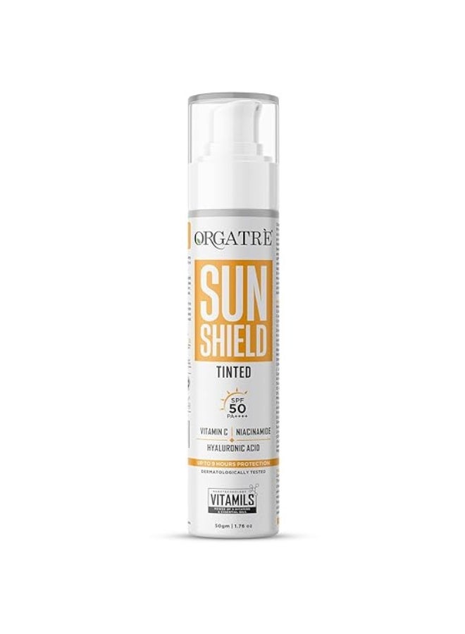 ORGATRE Sun Shield SPF 50 PA++++ Tinted Sunscreen for Women Vitamin C, Niacinamide & Hyaluronic Acid, Non-Greasy, No White Cast, Water Resistant, Face Cream for Glowing Skin & Acne Prone Skin, 50gm - Image 1