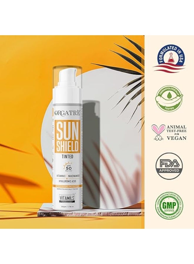 ORGATRE Sun Shield SPF 50 PA++++ Tinted Sunscreen for Women Vitamin C, Niacinamide & Hyaluronic Acid, Non-Greasy, No White Cast, Water Resistant, Face Cream for Glowing Skin & Acne Prone Skin, 50gm - Image 3