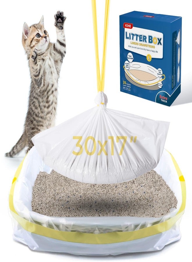 KONE Cat Litter Box Liners, 26 Count Extra Durable Large Drawstring Kitty Litter Pan Bags, 30" x 17" - Image 1