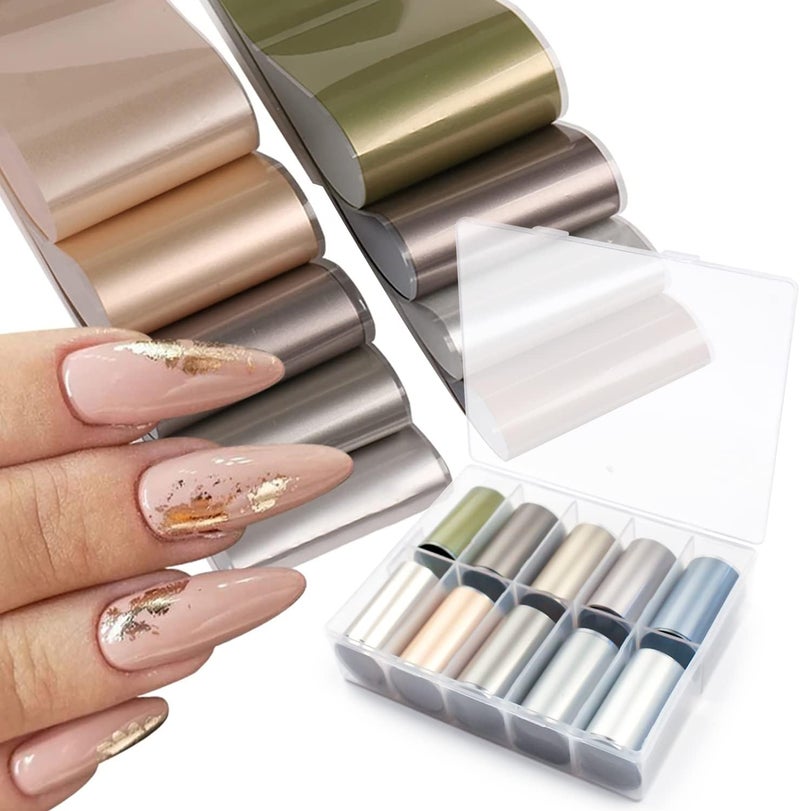 SILPECWEE 10 Rolls Nail Foil for Long Acrylic Nails Metallic Gold Transfer Foil for Nails Silver Rose Gold Nail Art Foil Holographic Nail Design Stickers Manicure Sticker Nails Accessories