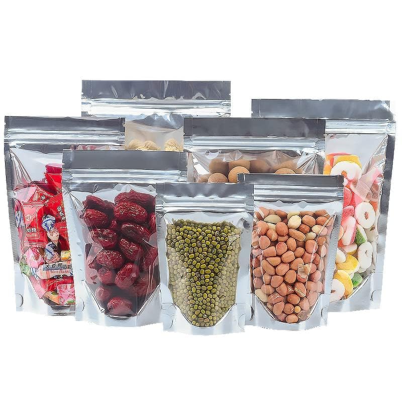 TRUE SHOP TRANSPARENT FRONT/SILVER BACK FOOD GRADE REUSABLE STORAGE STANDUP POUCHES WITH SILVER ZIPPER POLYTHENE PLASTIC COVER BAG (250 GM, 100, count) - Image 1