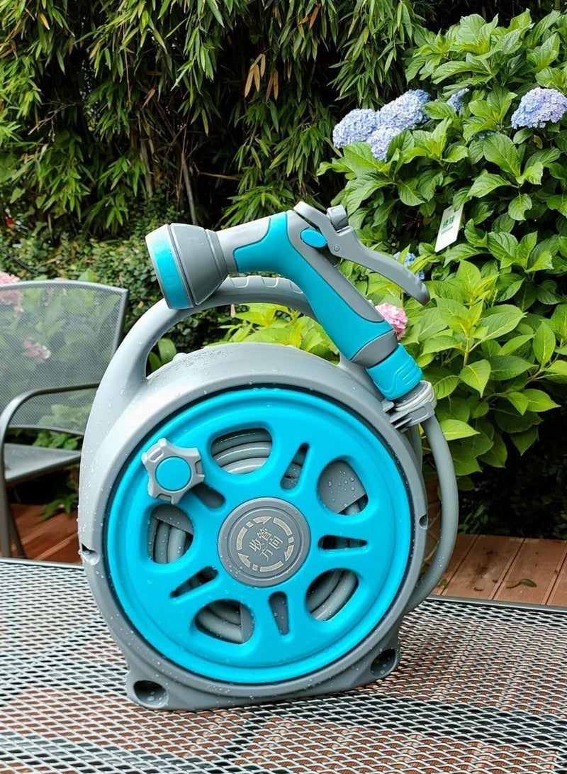 والالا عربة بكرة خرطوم بطول 16 مترًا، بكرات خراطيم الحدائق للاستخدام الخارجي، عربة خراطيم الحدائق خفيفة الوزن ومحمولة ومتينة، بكرة خرطوم مع أنبوب مياه، رف تخزين أنابيب مياه قابل للتمديد، أزرق رمادي - Image 4