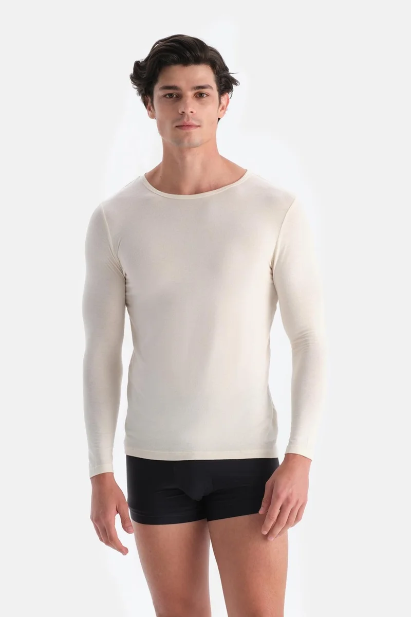 dagi Ecru D1051 Modal Cashmere Crew Neck Long Sleeve Top