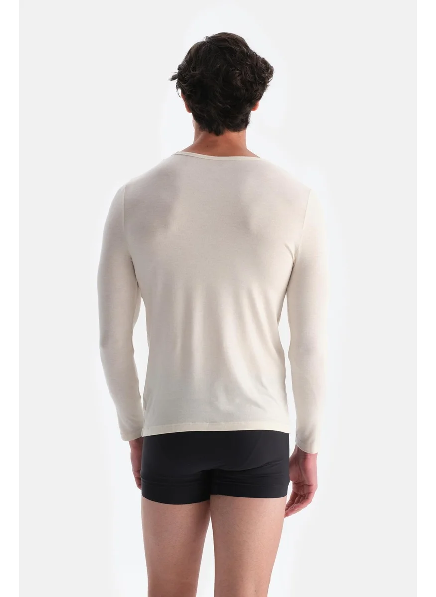 داجي Ecru D1051 Modal Cashmere Crew Neck Long Sleeve Top